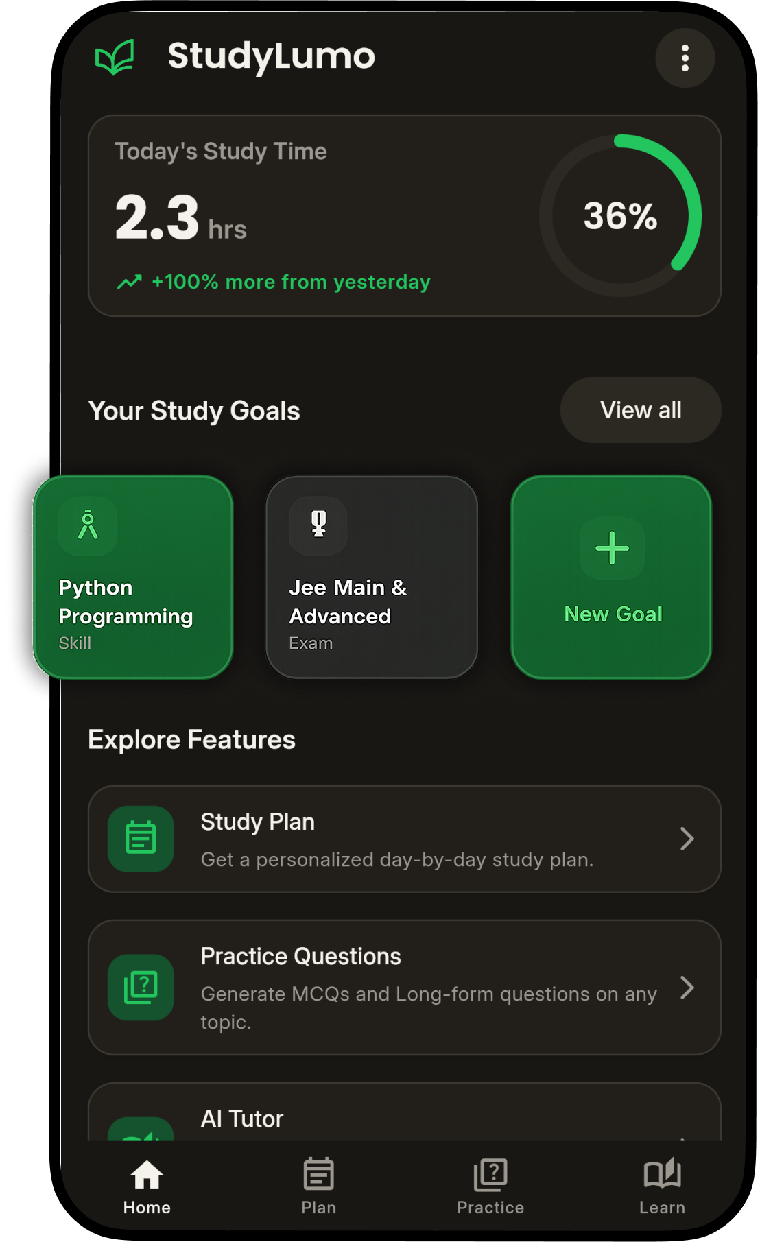StudyLumo app — Home screen